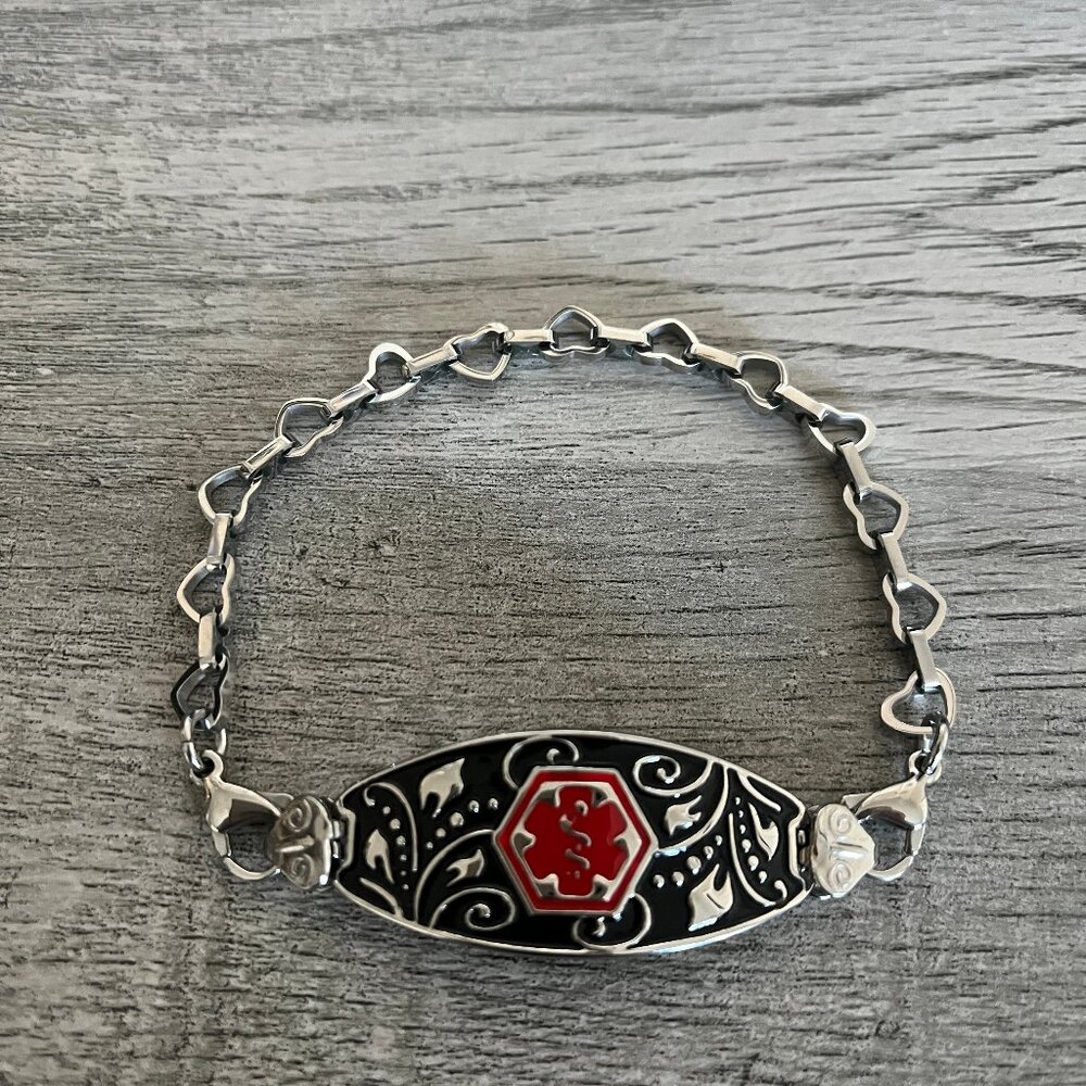 NEW! Diabetes Medical ID Silver Stainless Steel Filigree & Heart Bracelet